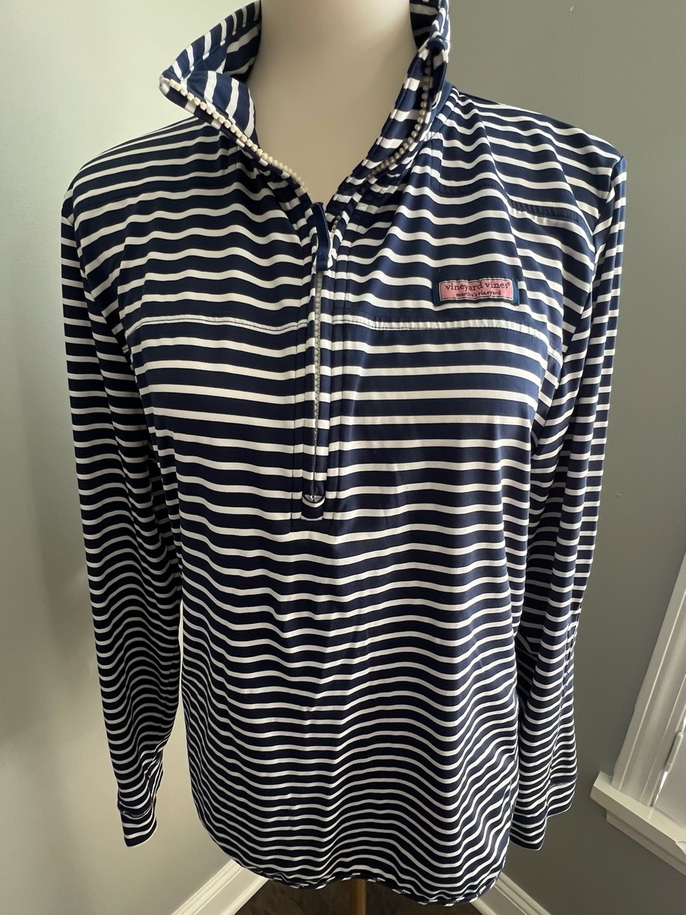 Vineyard Vines Women's Shep Shirt quarter zip, navy and white stripe, XL